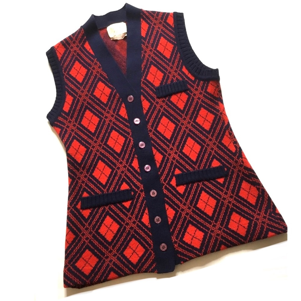 Vintage Tarri Argyle Red/Navy Blue Button-up Wool  V-Neck Sweater Vest S…